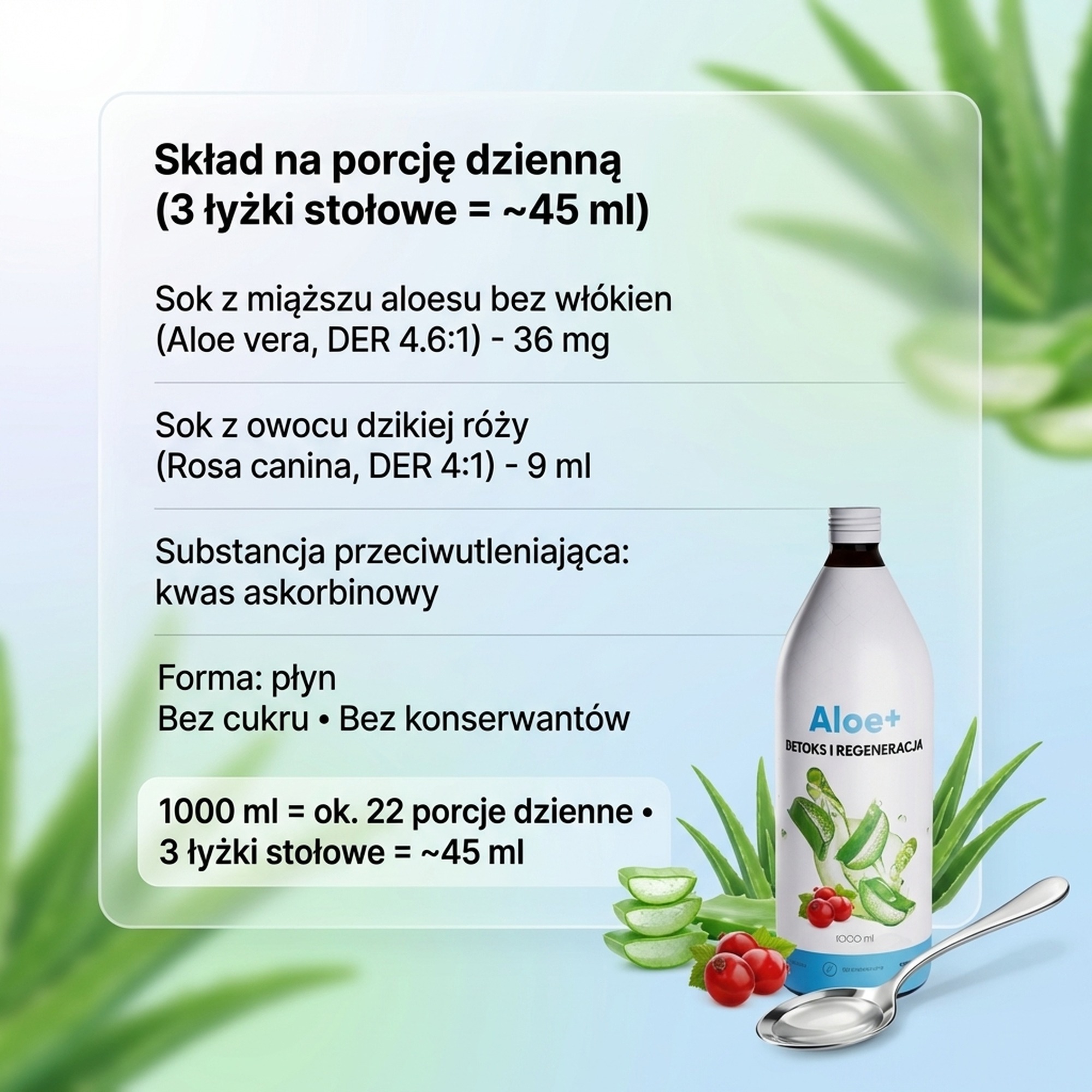 Skład Aloe+ - Sok z aloesu + Dzika róża + Witamina C na trawienie i odporność