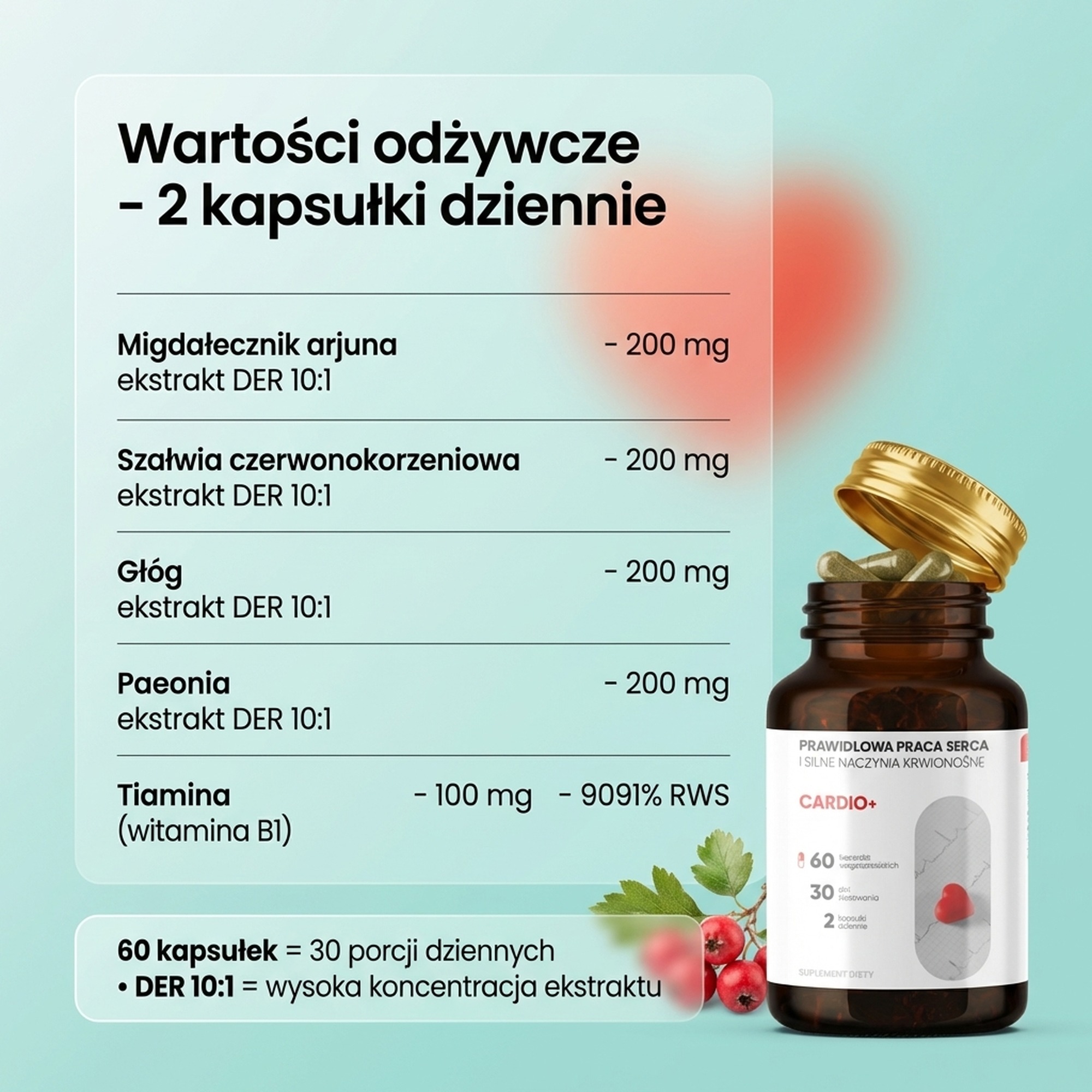 Skład Cardio+ - Arjuna + Szałwia czerwonokorzeniowa + Głóg na zdrowe serce