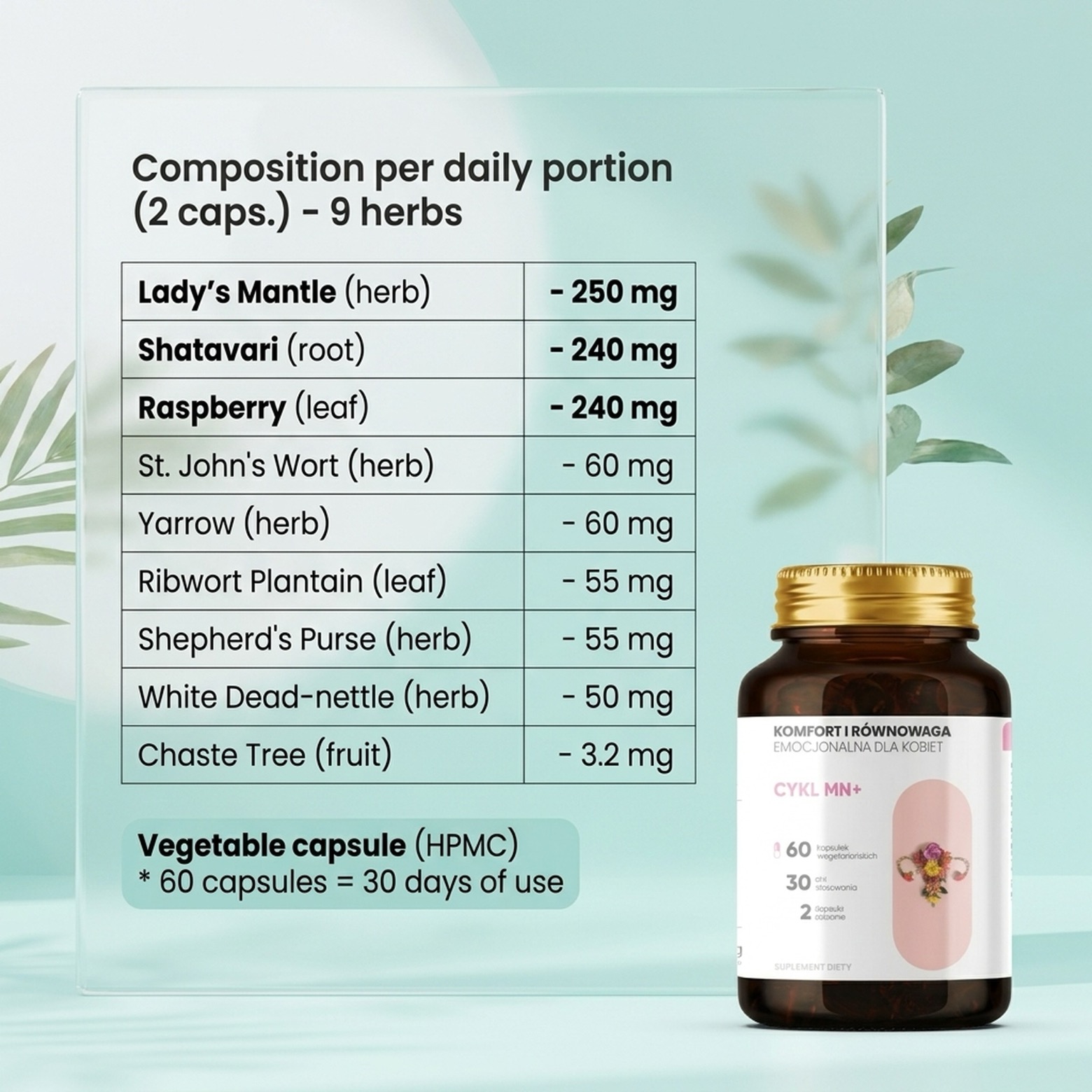 Ingredients in Cykl MN+ - Alchemilla + Shatavari + Raspberry for Cycle Harmony