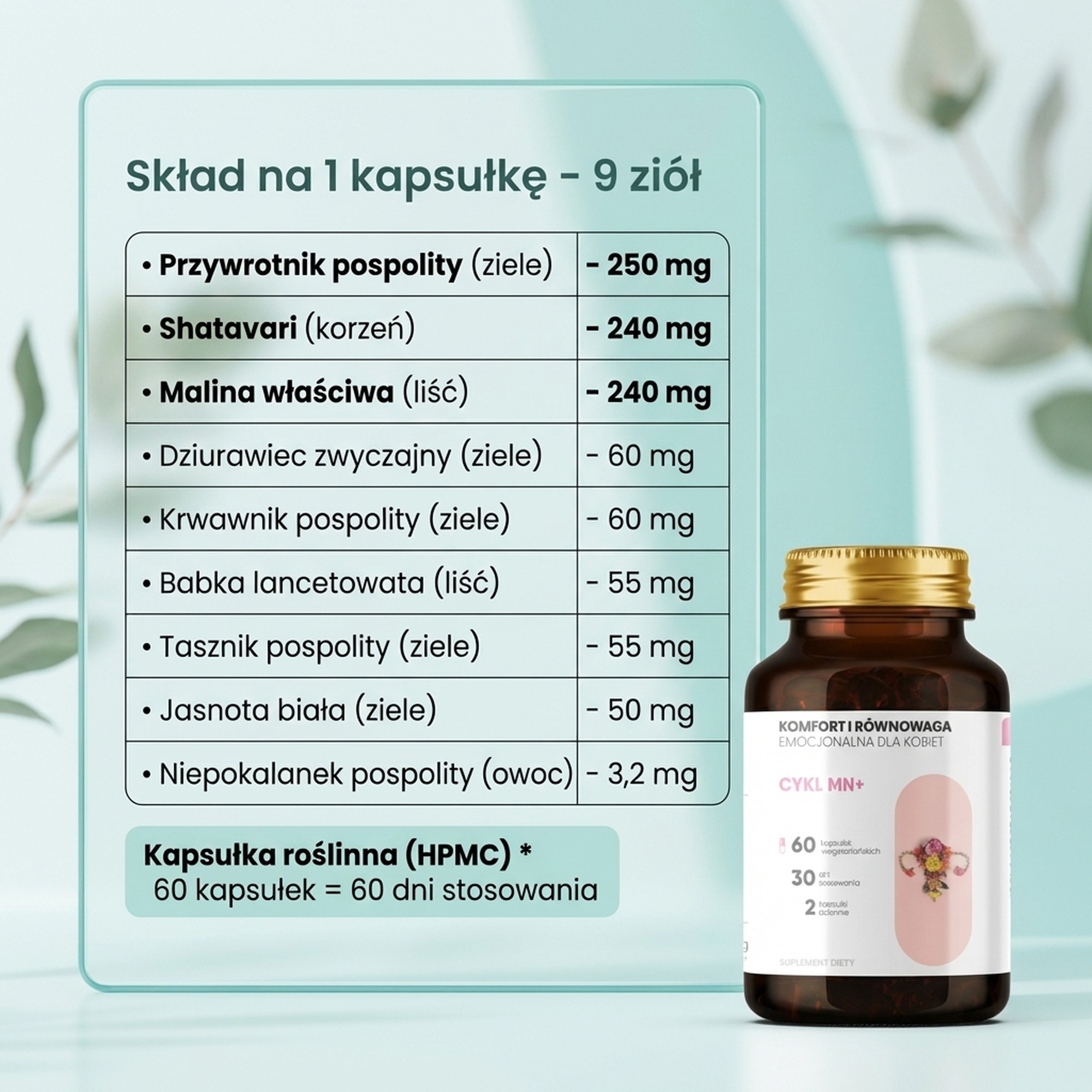 Skład Cykl MN+ - Przywrotnik + Shatavari + Malina na harmonię cyklu