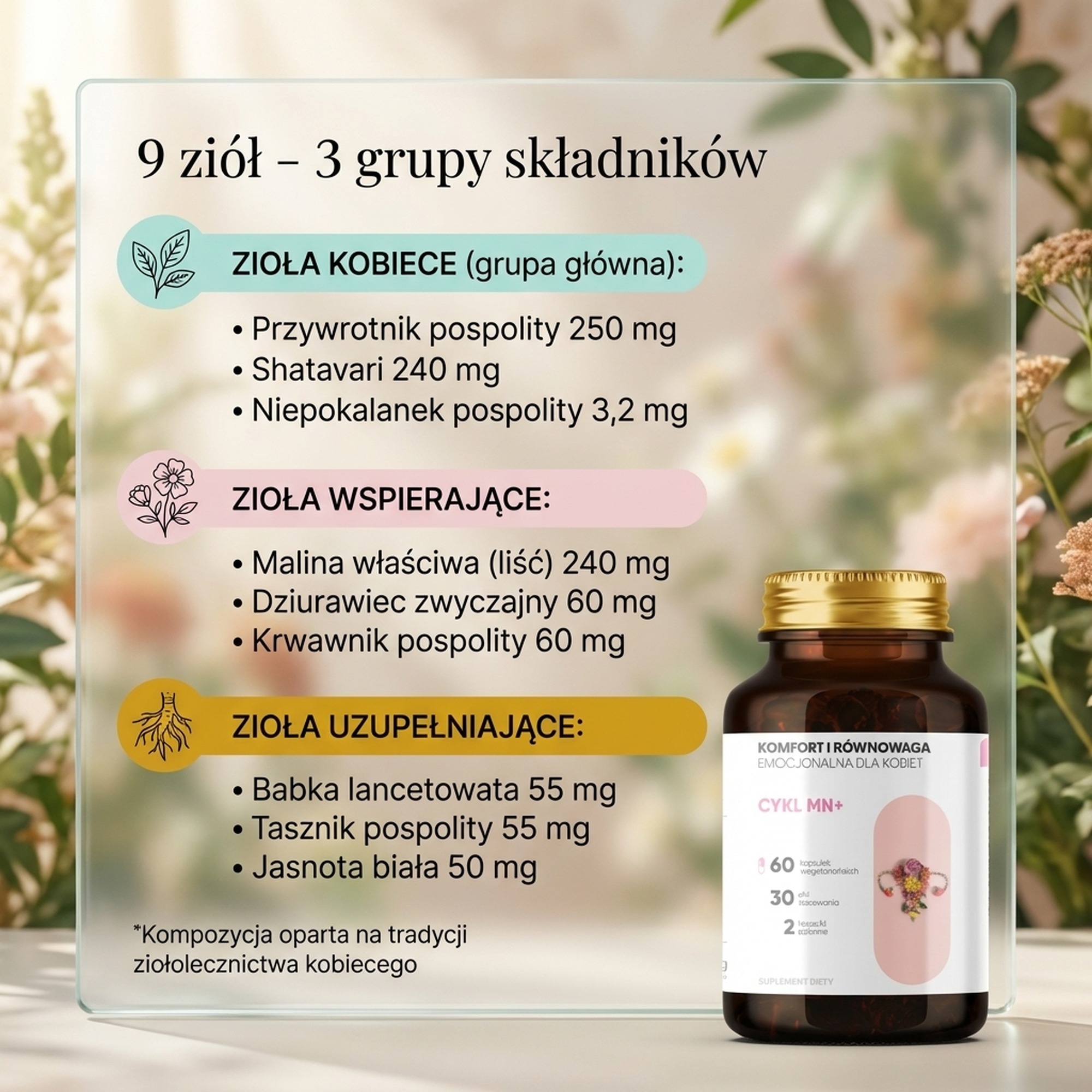 Cykl MN+ - Przywrotnik + Shatavari + Malina na harmonię cyklu