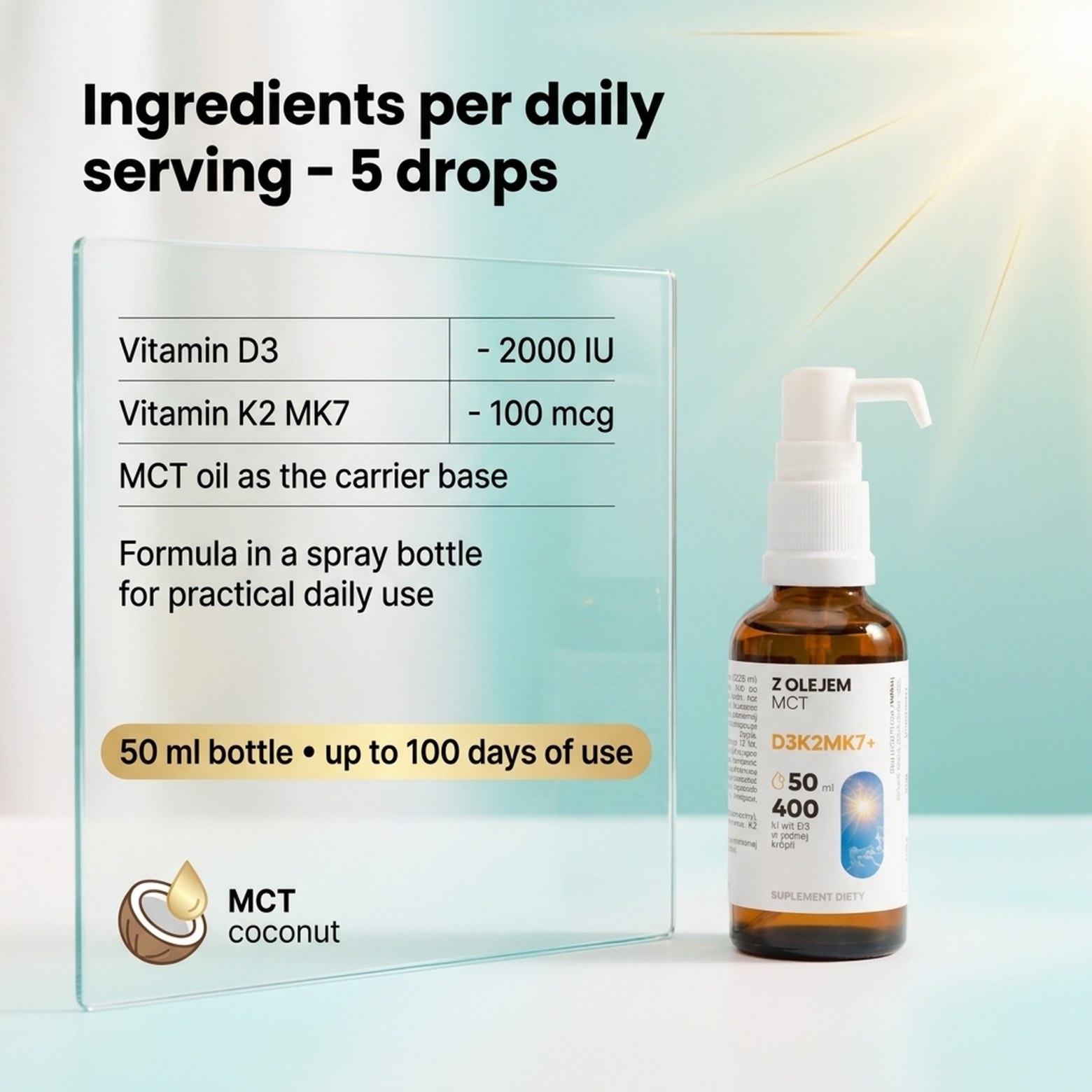 Vitamin D3 + K2 MK7 with MCT Oil - 2000 IU - Drops 50 ml