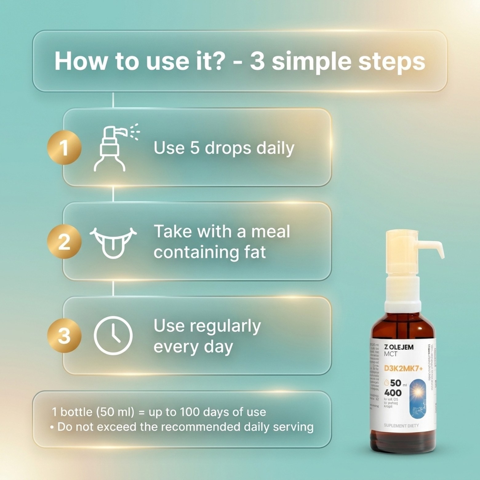 Vitamin D3 + K2 MK7 with MCT Oil - 2000 IU - Drops 50 ml