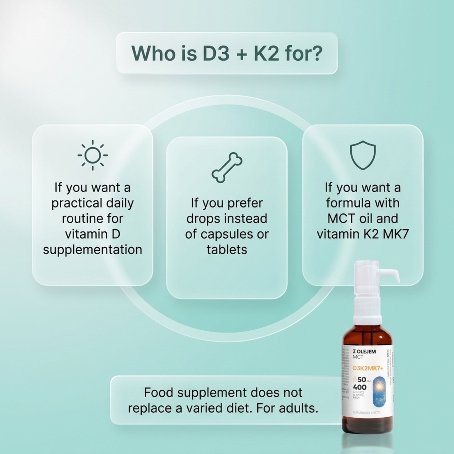 Vitamin D3 + K2 MK7 with MCT Oil - 2000 IU - Drops 50 ml