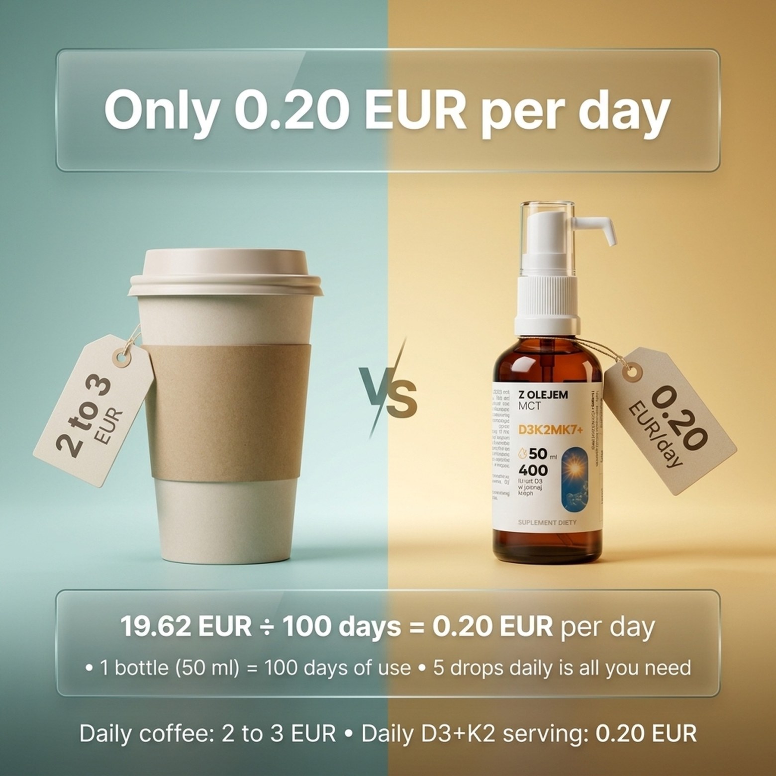 Vitamin D3 + K2 MK7 with MCT Oil - 2000 IU - Drops 50 ml