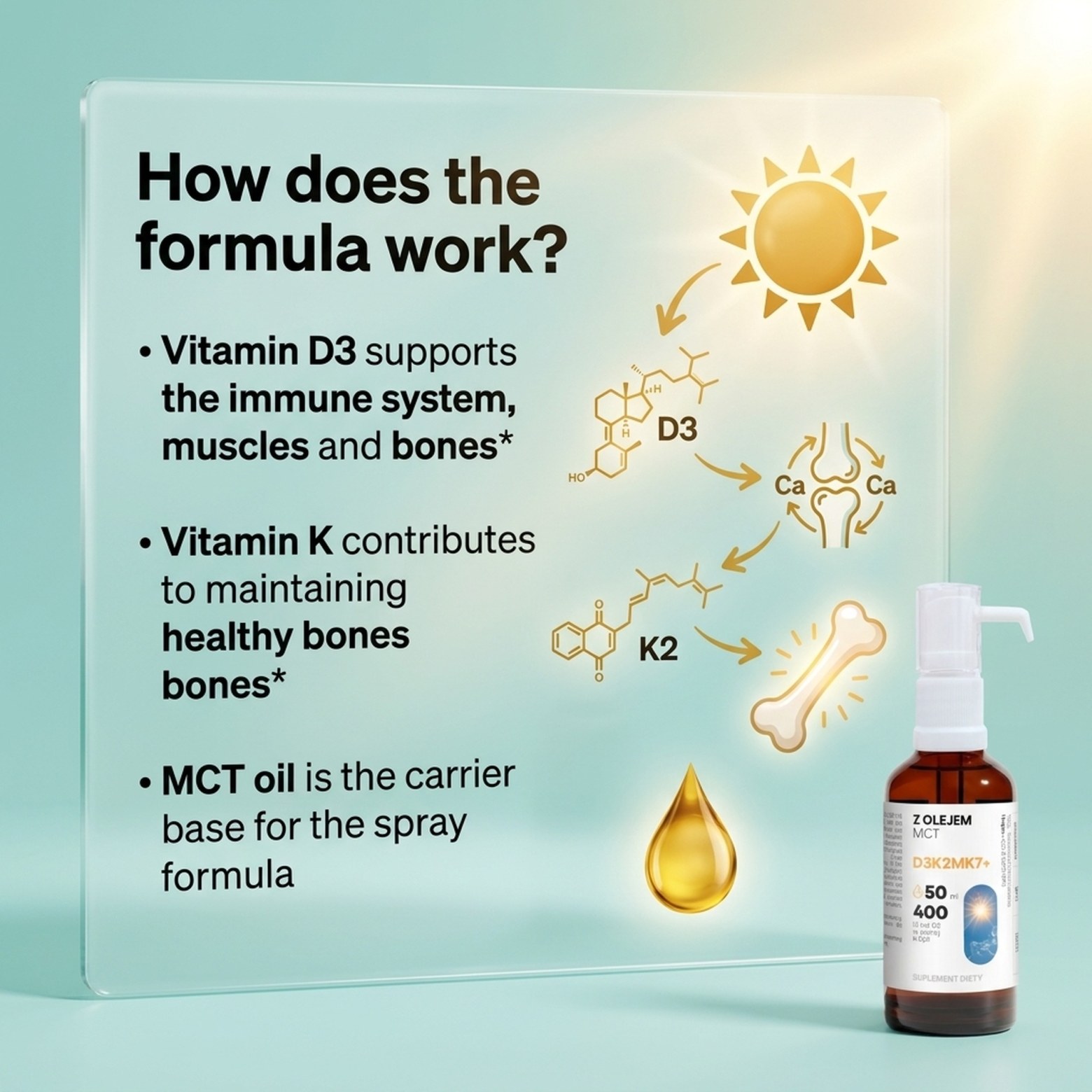Vitamin D3 + K2 MK7 with MCT Oil - 2000 IU - Drops 50 ml