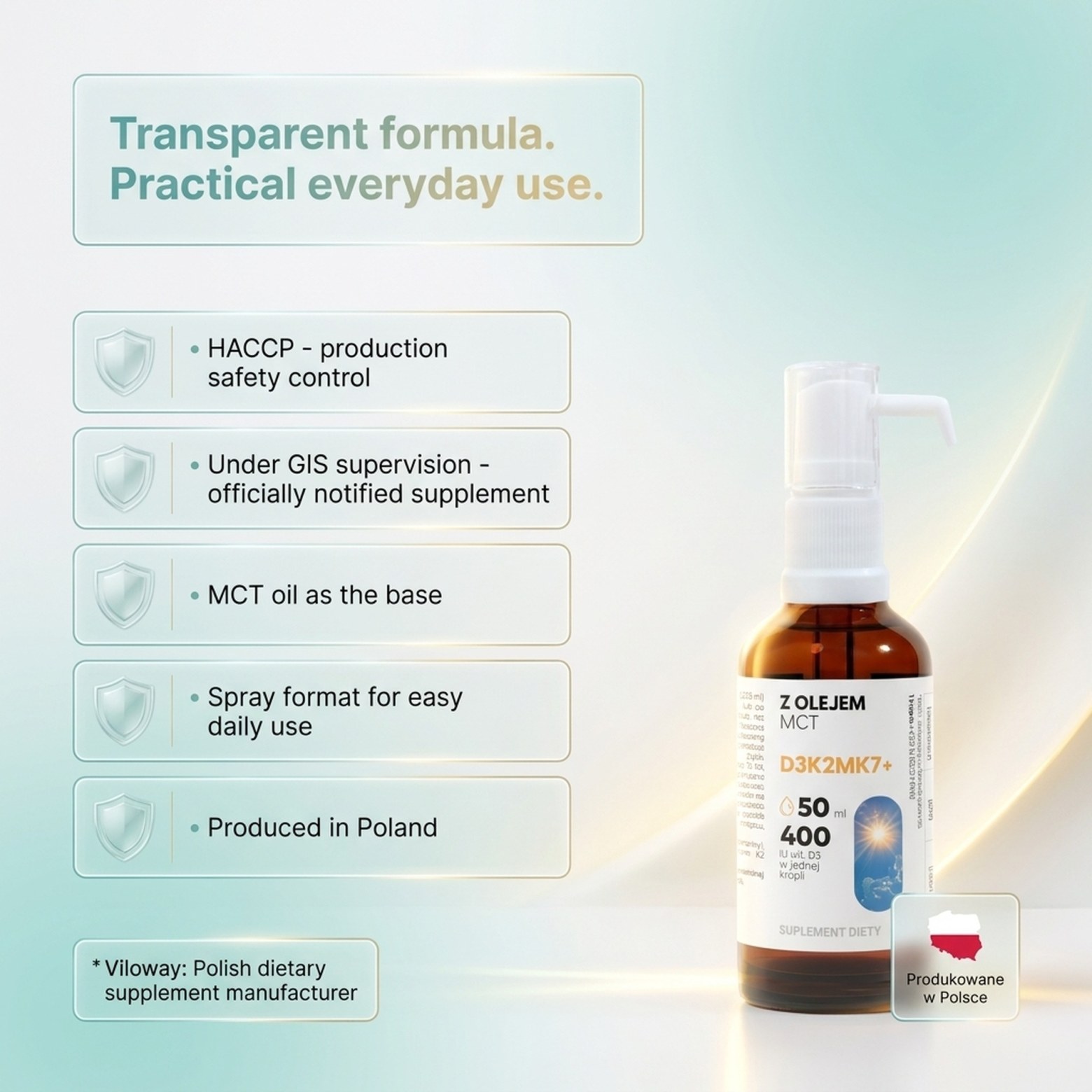 Vitamin D3 + K2 MK7 with MCT Oil - 2000 IU - Drops 50 ml