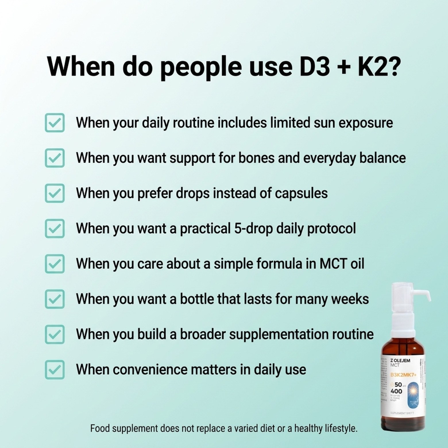 Vitamin D3 + K2 MK7 with MCT Oil - 2000 IU - Drops 50 ml