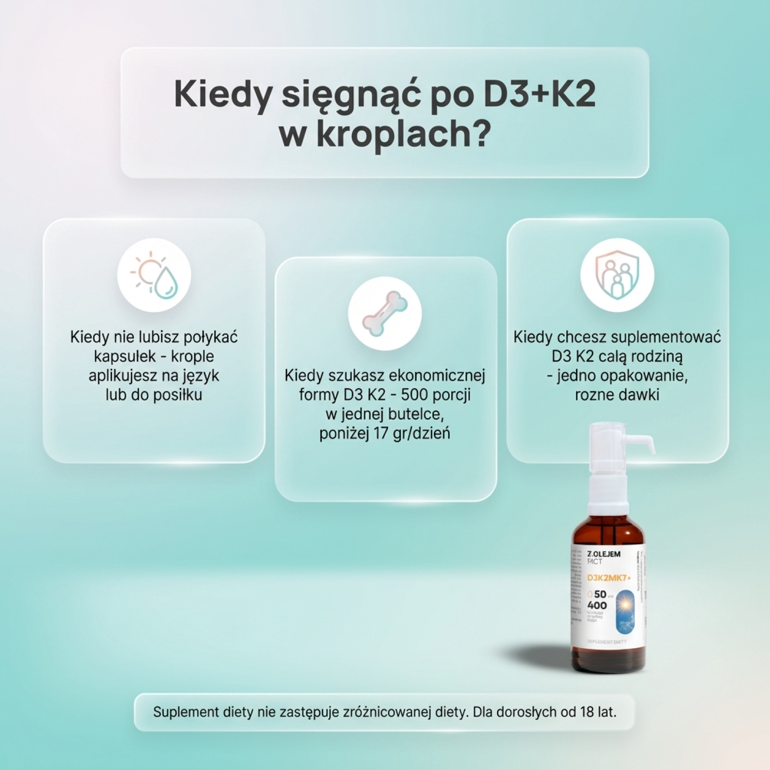 Witamina D3 + K2 MK7 z olejem MCT - 2000 IU - krople 50 ml