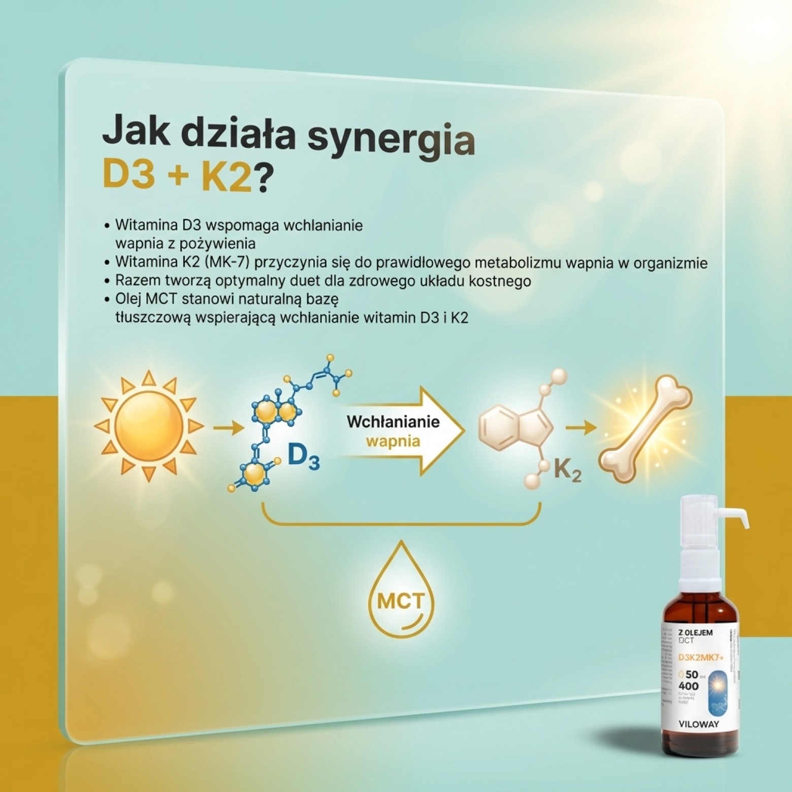 Witamina D3 + K2 MK7 z olejem MCT - 2000 IU - krople 50 ml