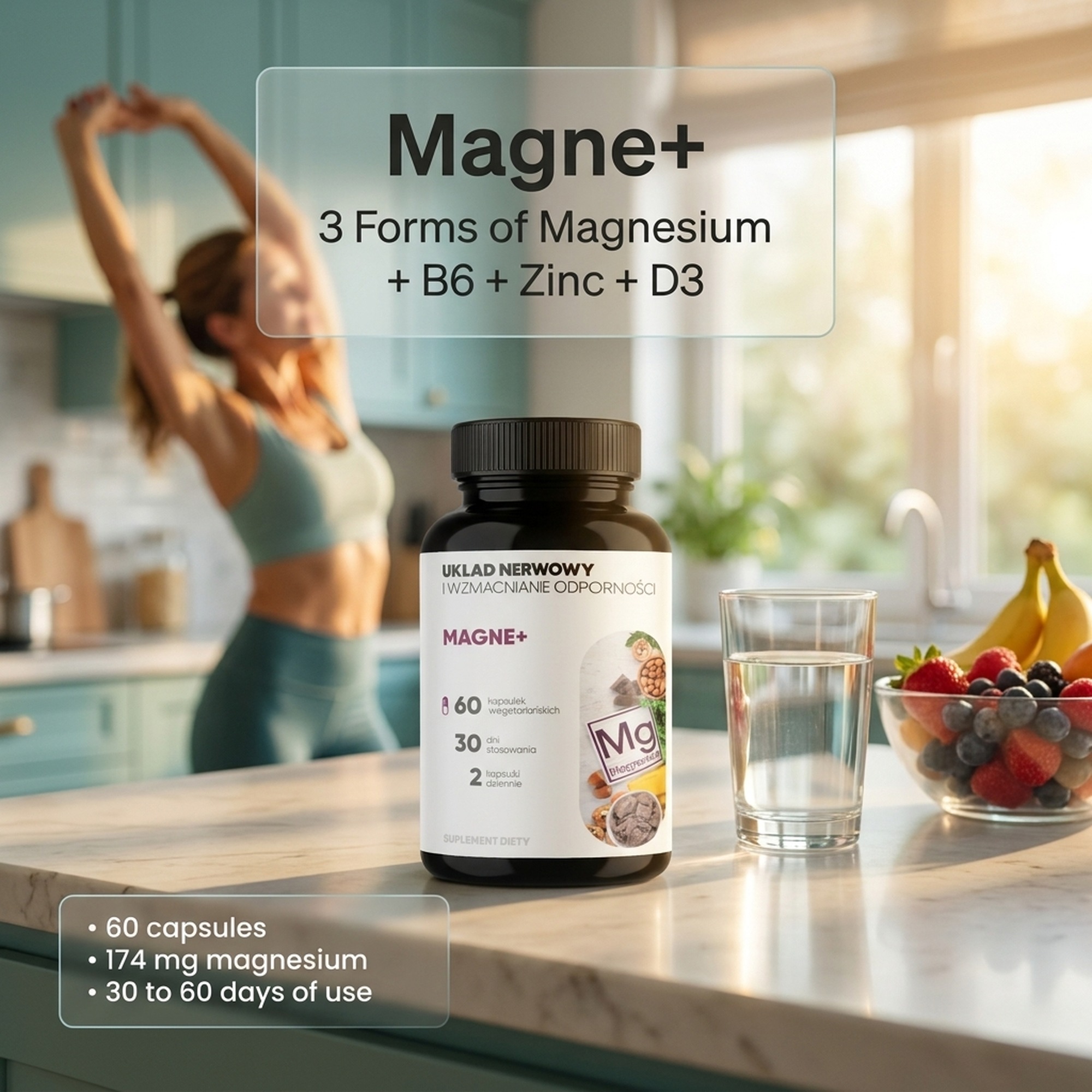Magne+ - 3 Forms of Magnesium (Malate + Diglycinate + Carbonate) + Vitamin B6 + Zinc