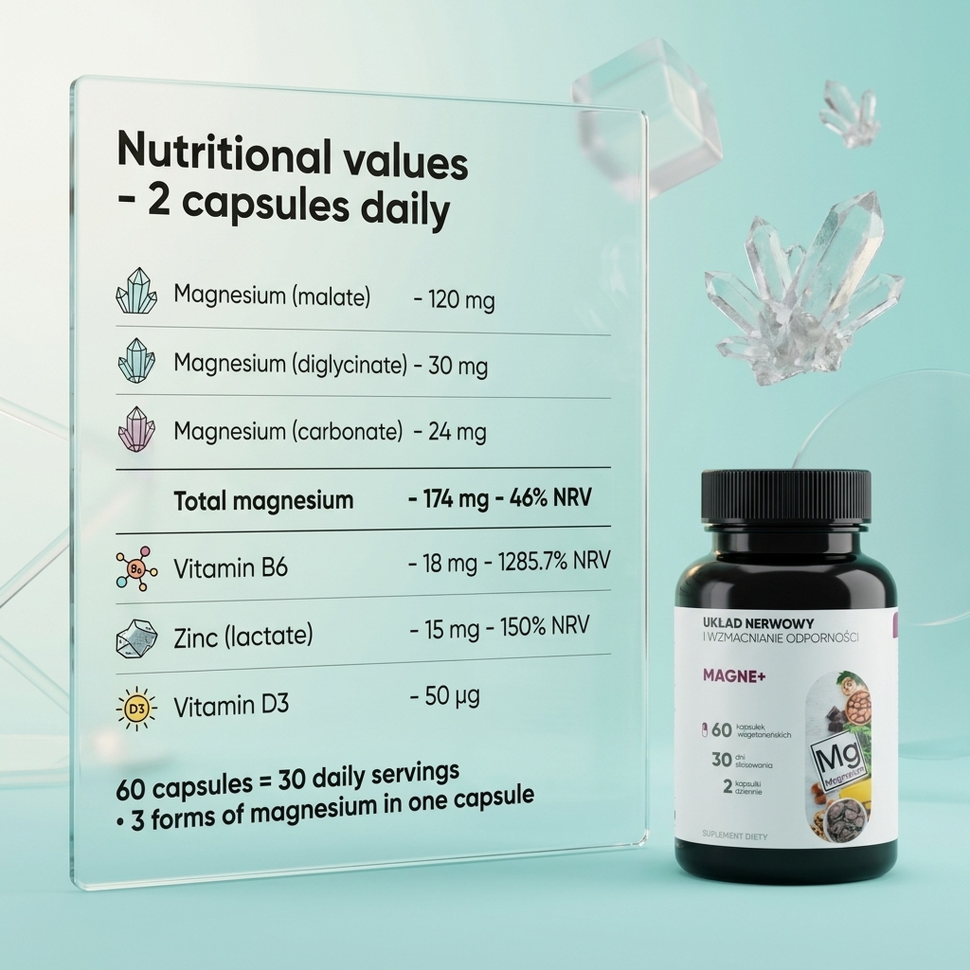 Ingredients in Magne+ - 3 Forms of Magnesium (Malate + Diglycinate + Carbonate) + Vitamin B6 + Zinc