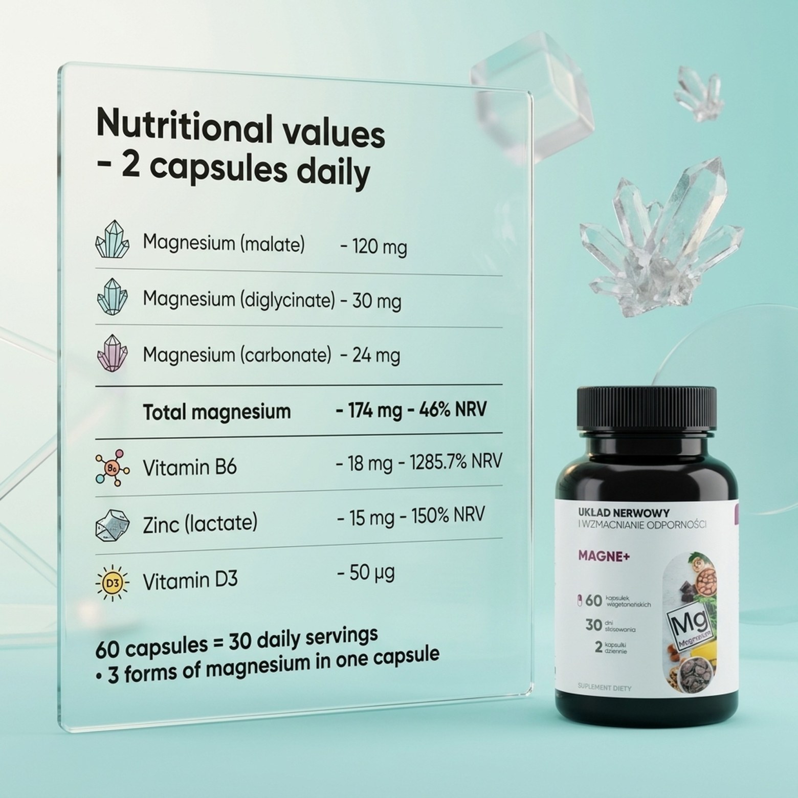 Ingredients in Magne+ - 3 Forms of Magnesium (Malate + Diglycinate + Carbonate) + Vitamin B6 + Zinc