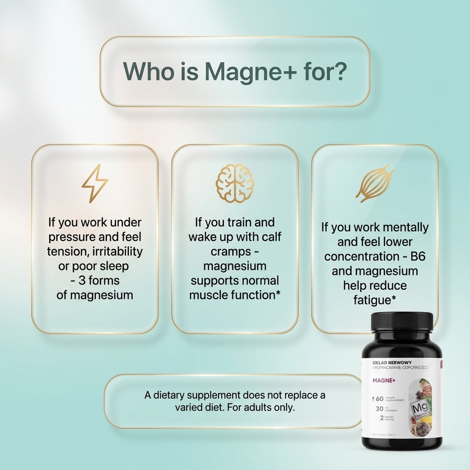 Magne+ - 3 Forms of Magnesium (Malate + Diglycinate + Carbonate) + Vitamin B6 + Zinc