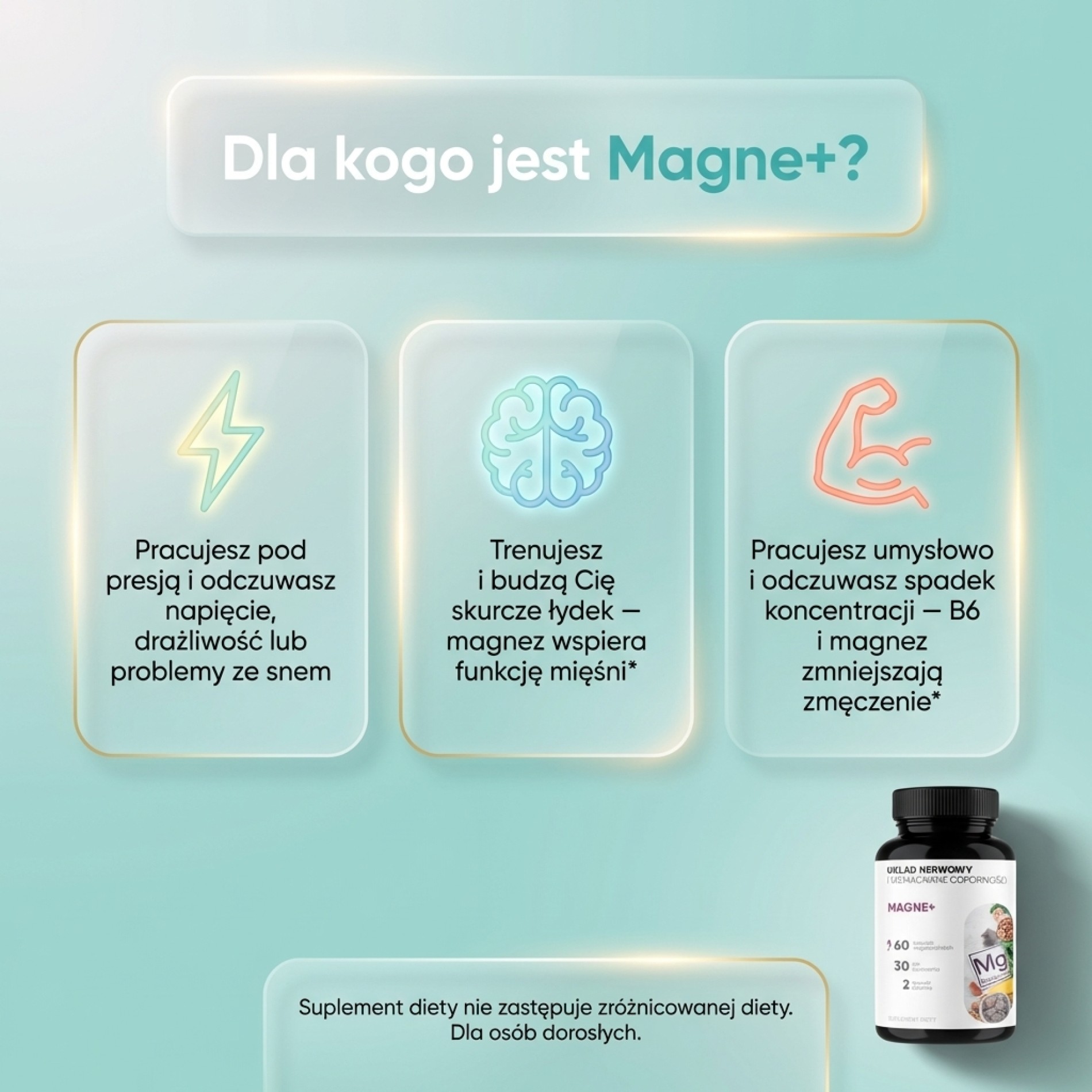 Magne+ - 3 Formy Magnezu (jabłczan + diglicynian + węglan) + Witamina B6 + Cynk