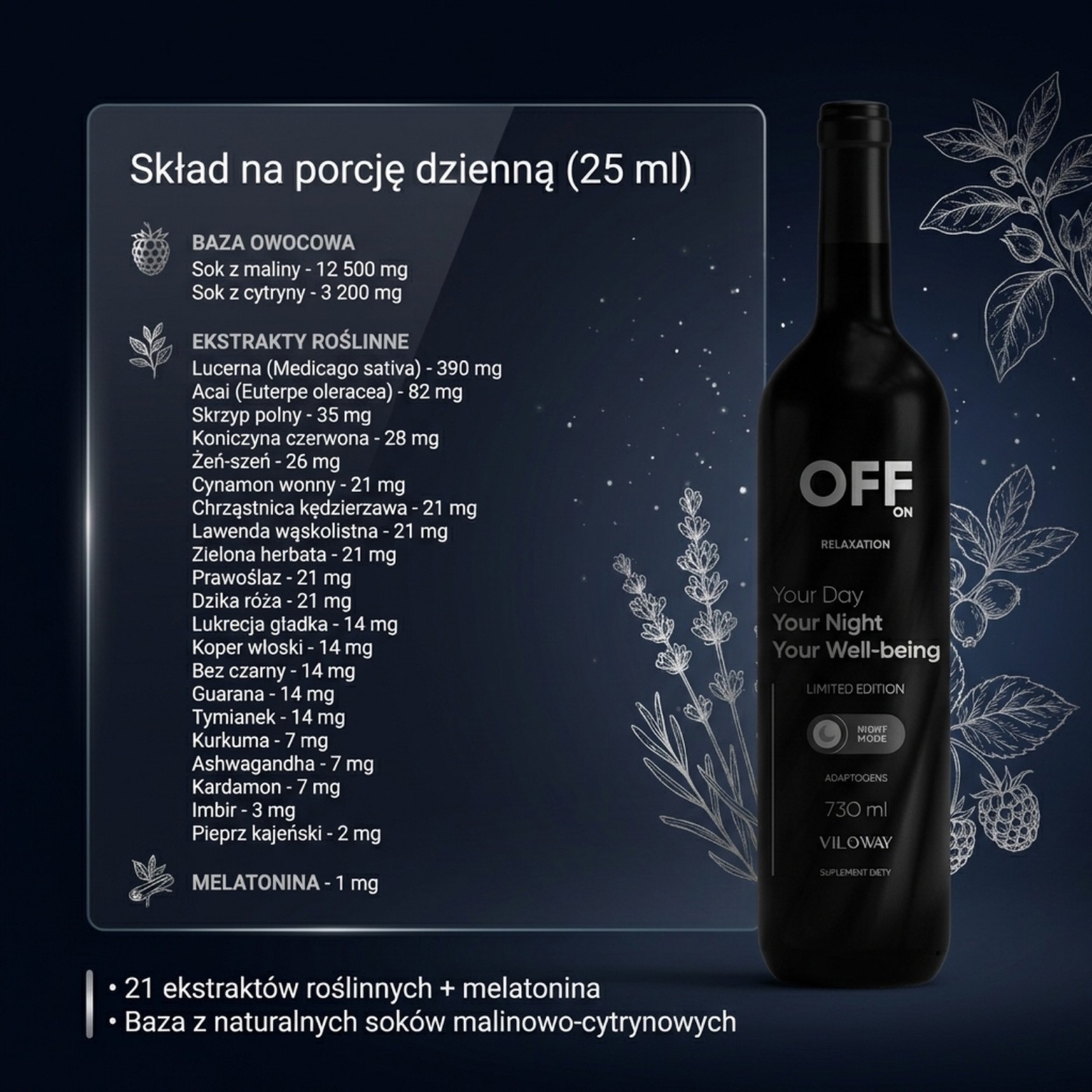 Skład Multi OFF - Malina + Cytryna + Lucerna na relaks i regenerację - płyn