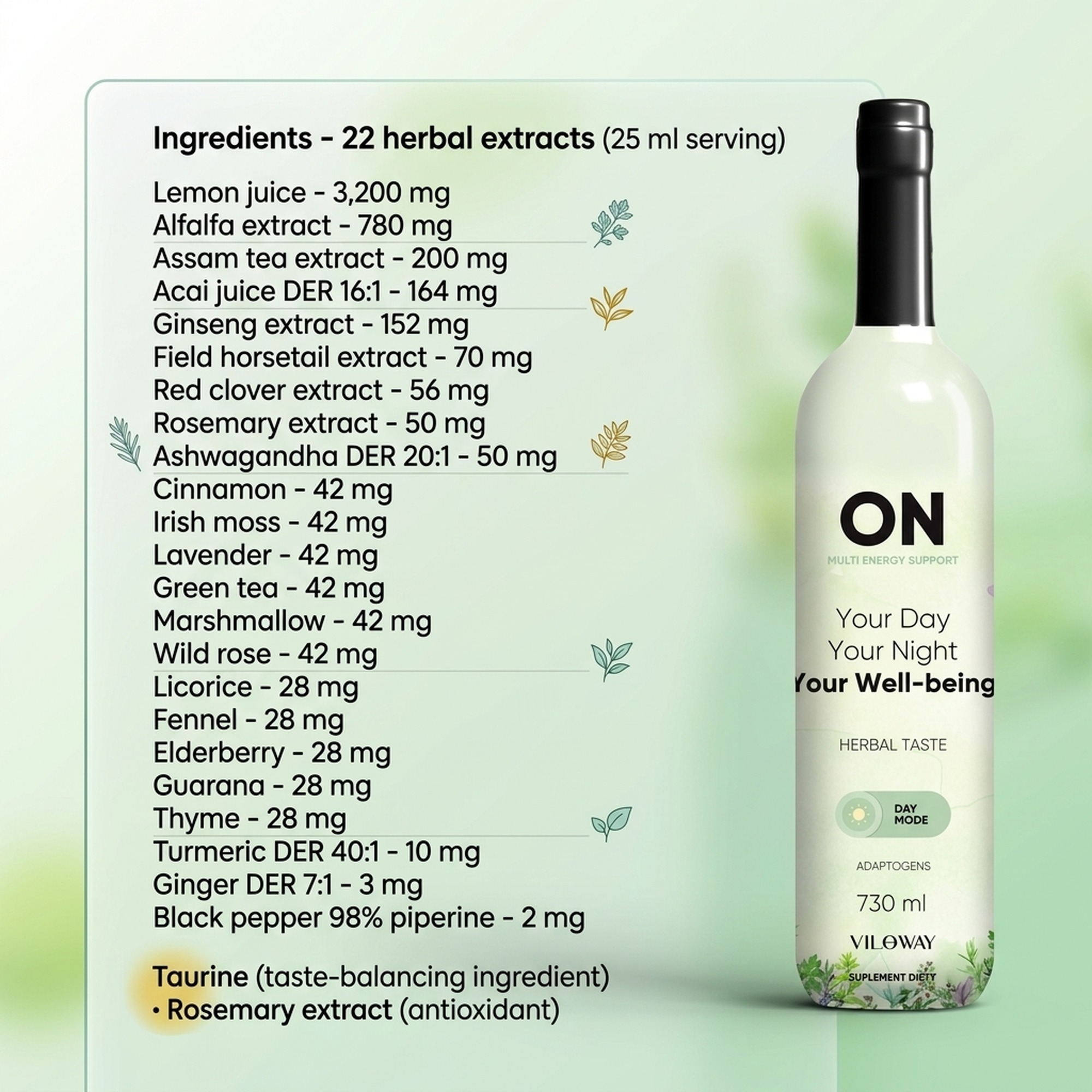 Multi ON Herbal - Lemon + Alfalfa + Assam Tea for Vitality - Liquid