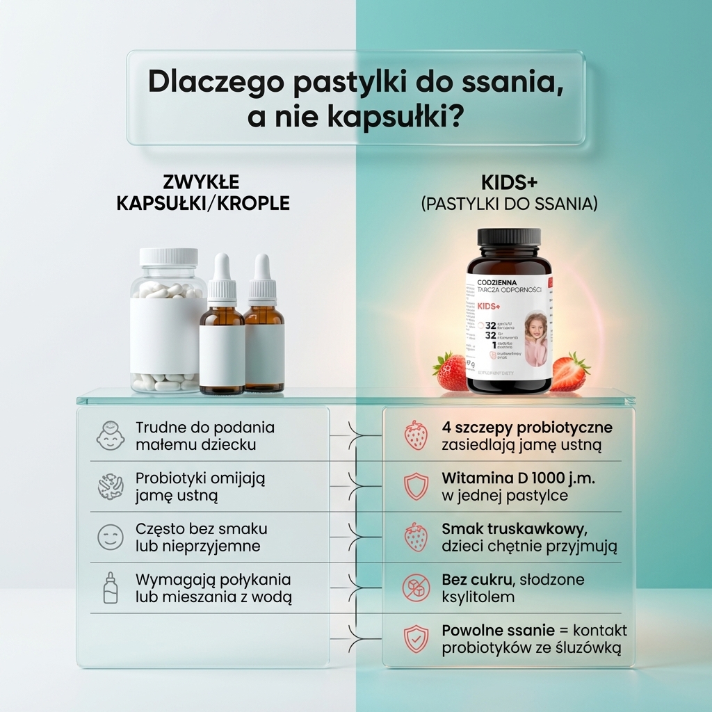 KIDS+ - Probiotyki + Witamina D bez cukru dla dzieci 3+