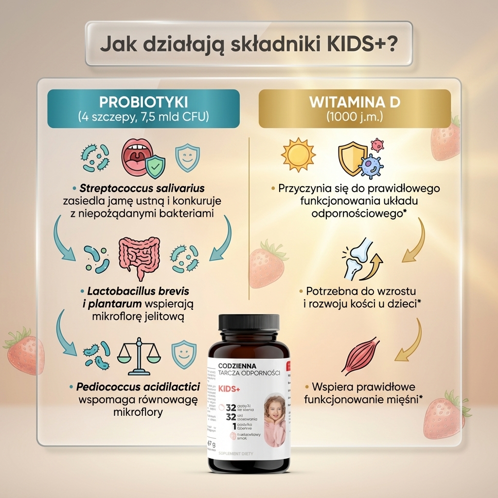 KIDS+ - Probiotyki + Witamina D bez cukru dla dzieci 3+