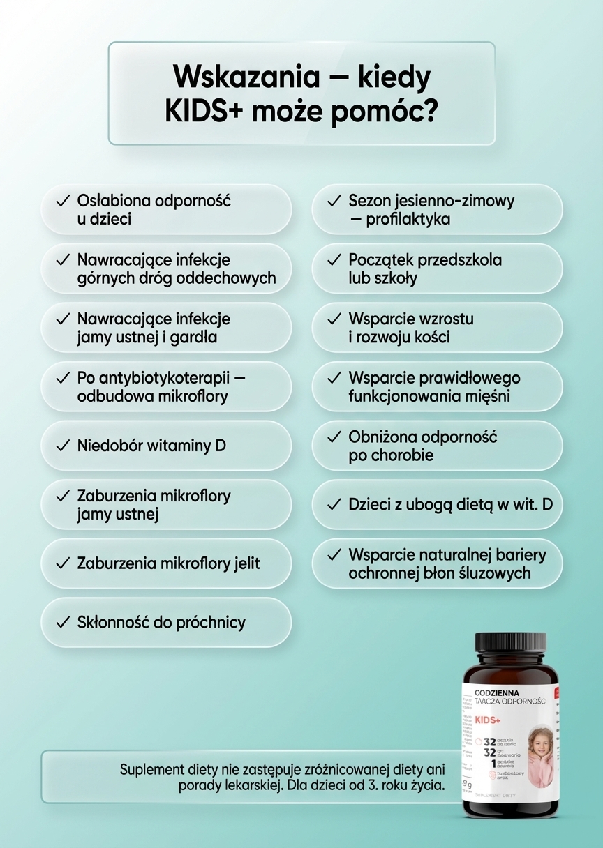 KIDS+ - Probiotyki + Witamina D bez cukru dla dzieci 3+