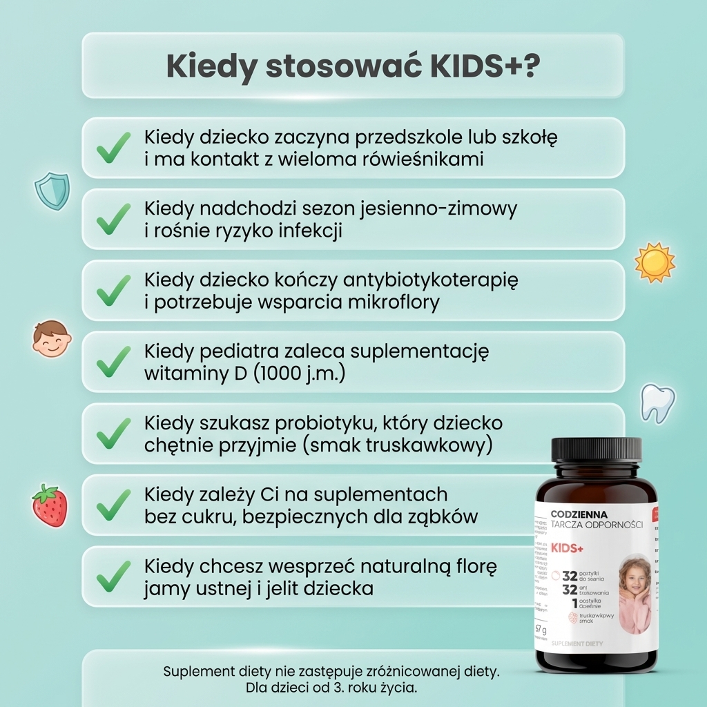 KIDS+ - Probiotyki + Witamina D bez cukru dla dzieci 3+