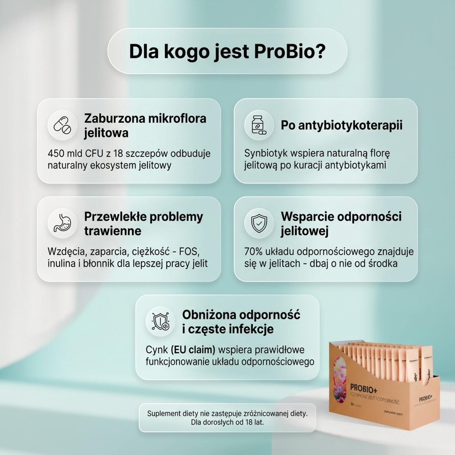 ProBio+ - 19 szczepów (18 bakterii + drożdże) na zdrowe jelita
