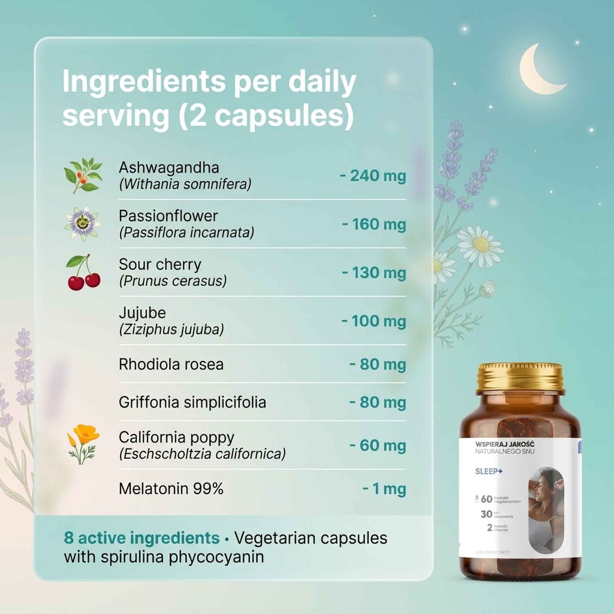 Ingredients in Sleep+ - Ashwagandha + Passionflower + Sour Cherry with Melatonin for Restful Sleep