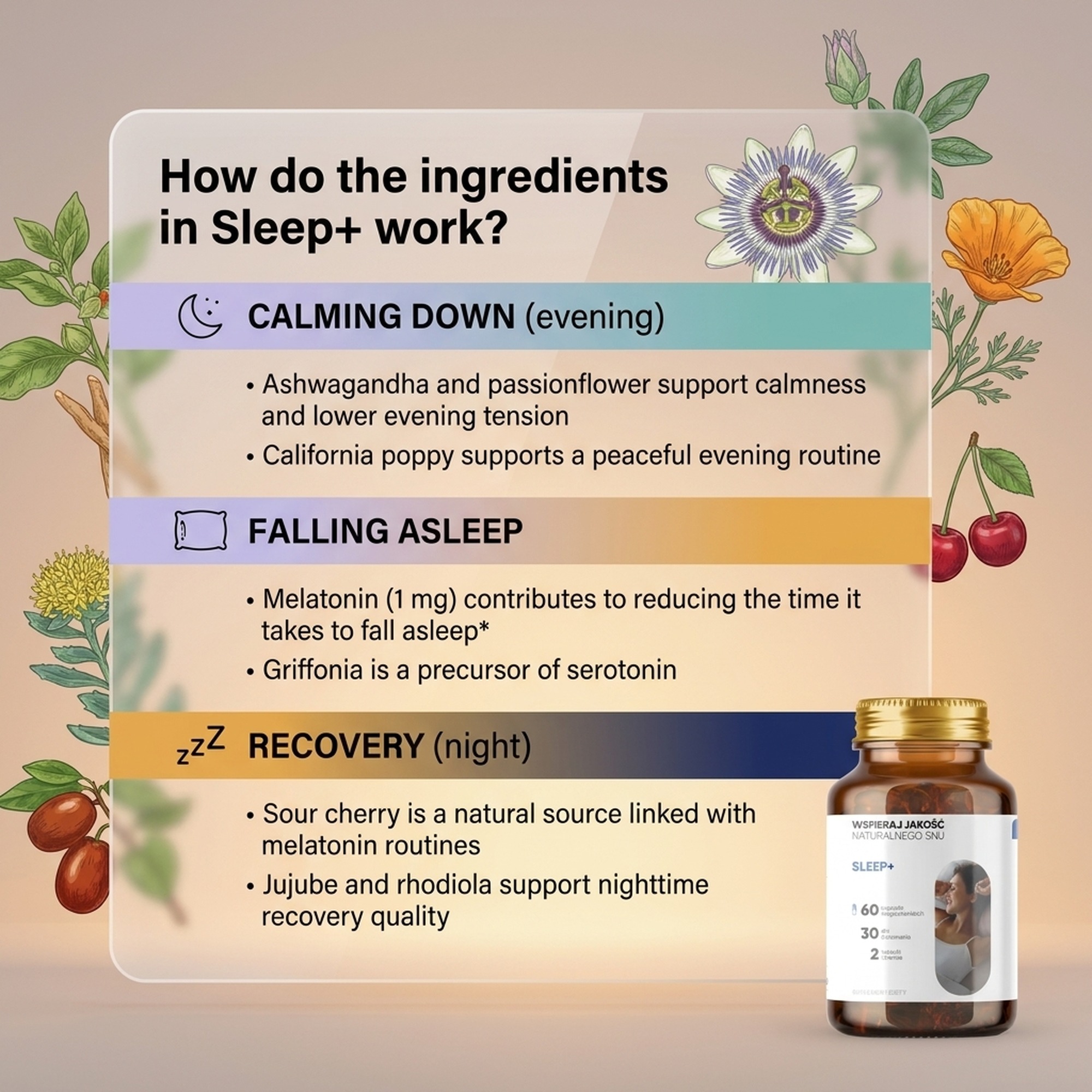 Sleep+ - Ashwagandha + Passionflower + Sour Cherry with Melatonin for Restful Sleep