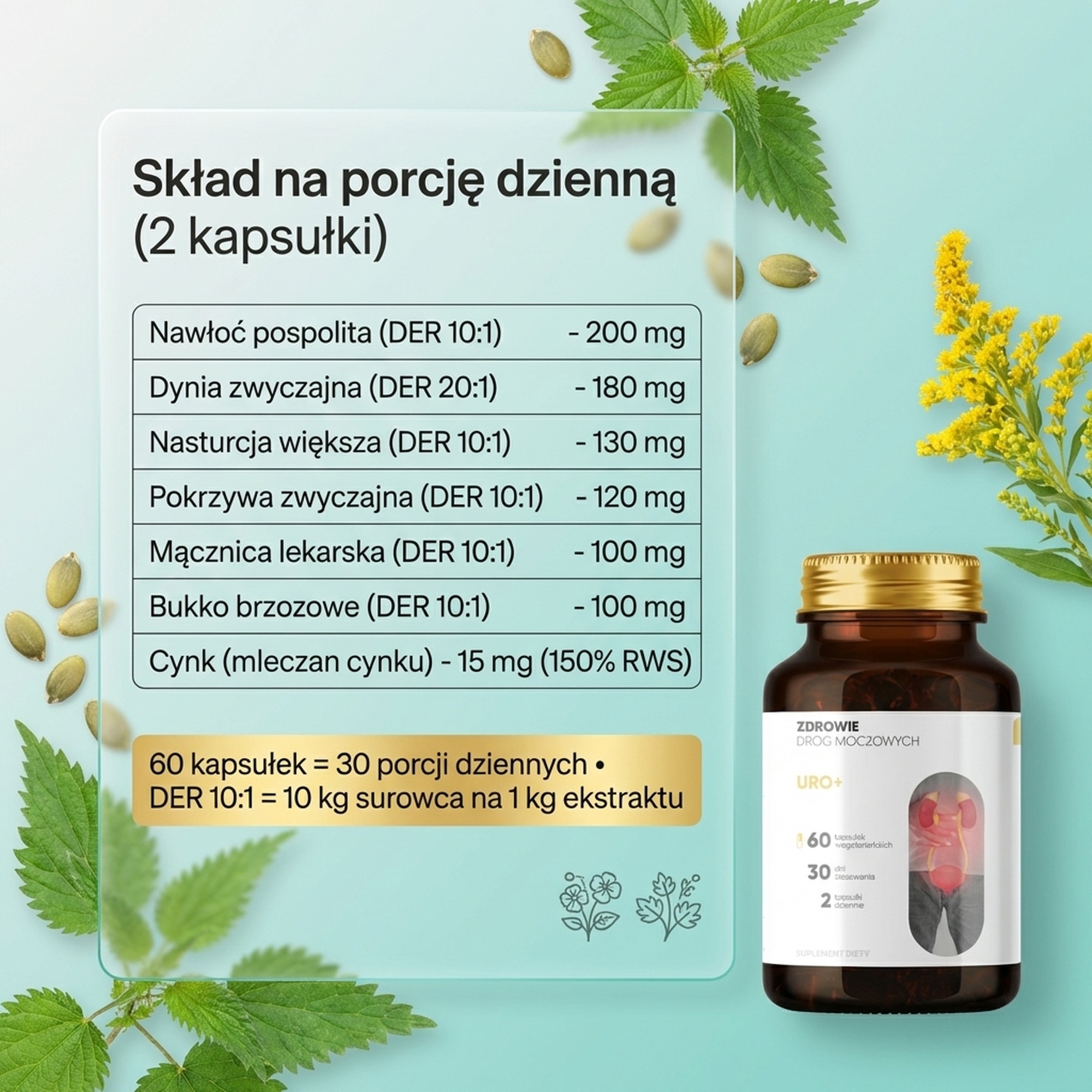 Skład Uro+ - Nawłoć + Dynia + Nasturcja na zdrowy układ moczowy