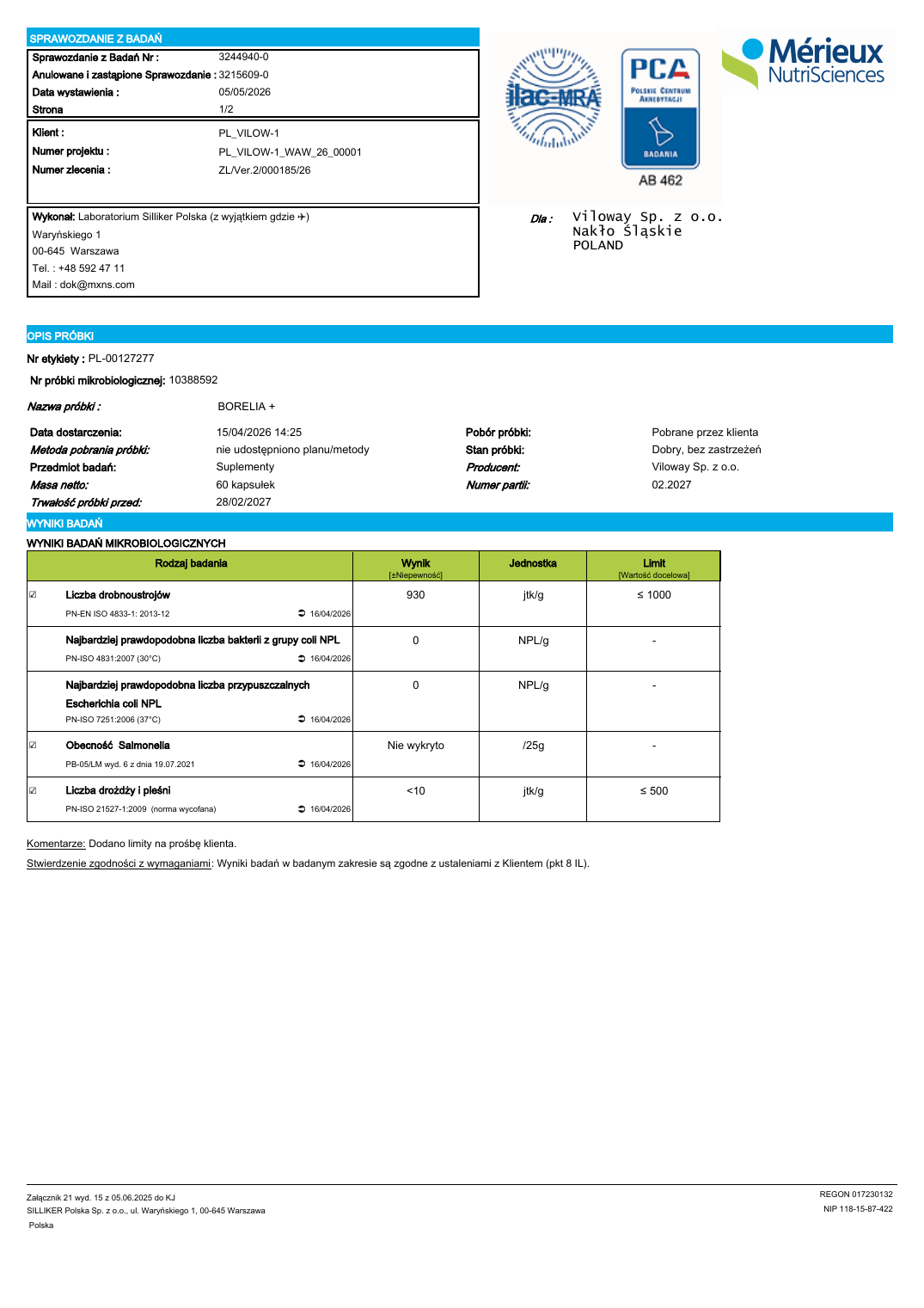 Wyniki badań mikrobiologicznych
