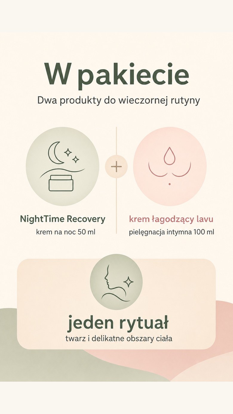 Pakiet: Nocne ukojenie - NightTime Recovery + krem łagodzący Lavu do pielęgnacji intymnej