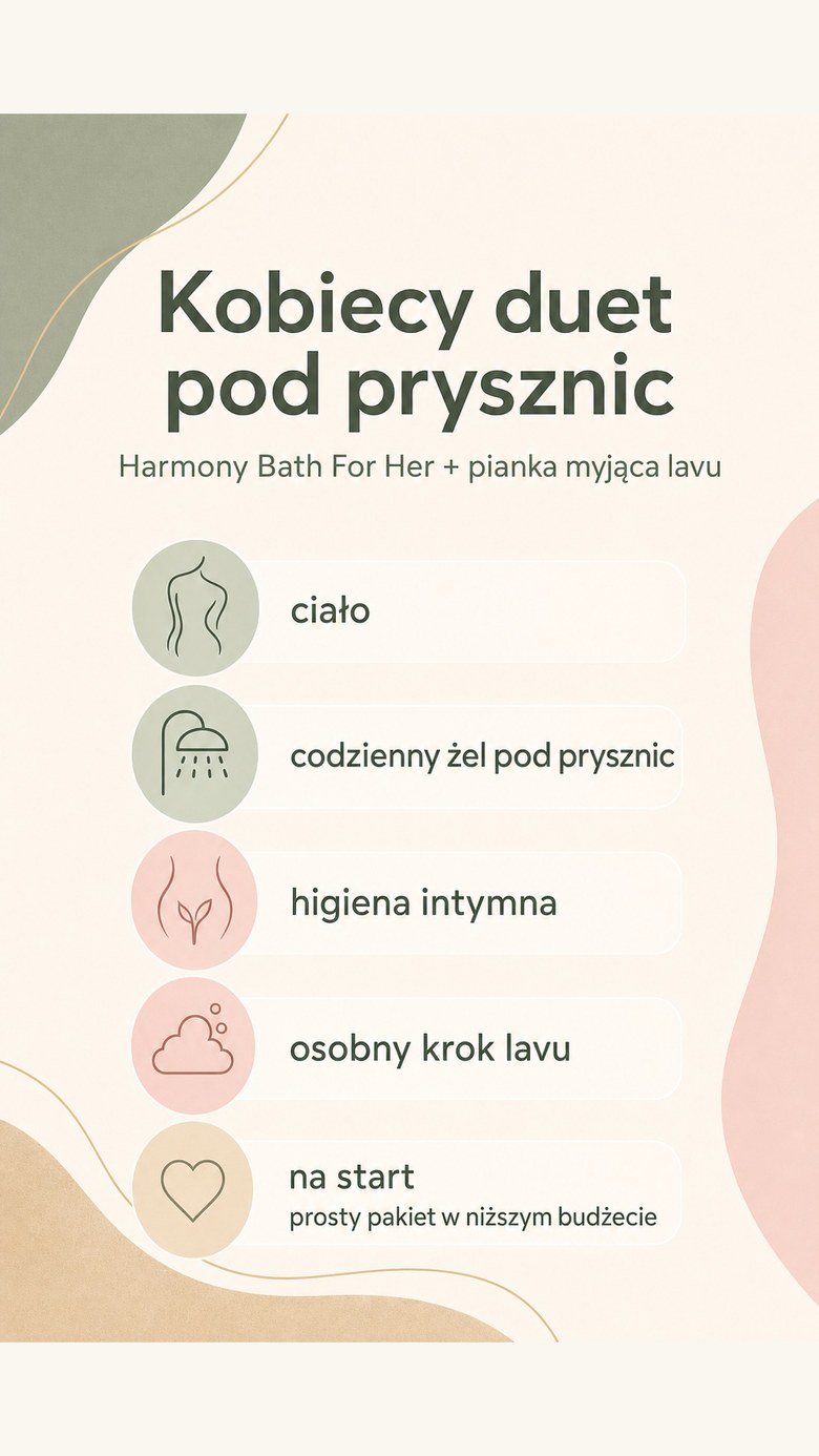 Pakiet: Kobiecy duet pod prysznic - Harmony Bath For Her + pianka myjąca Lavu do higieny intymnej