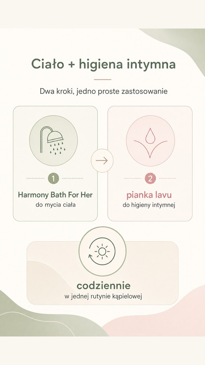 Pakiet: Kobiecy duet pod prysznic - Harmony Bath For Her + pianka myjąca Lavu do higieny intymnej