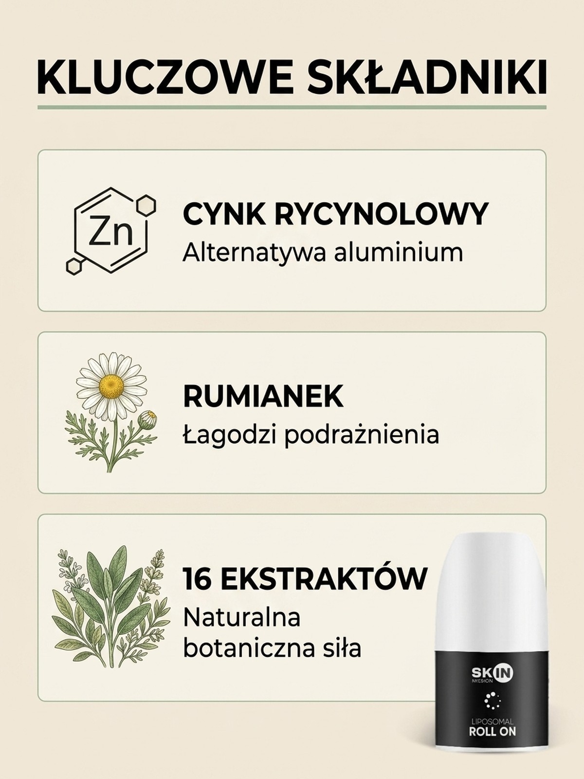Active ingredients in Liposomal Roll On - 16 Plant Extracts + Zinc - Aluminium-free Deodorant | Skin Mission